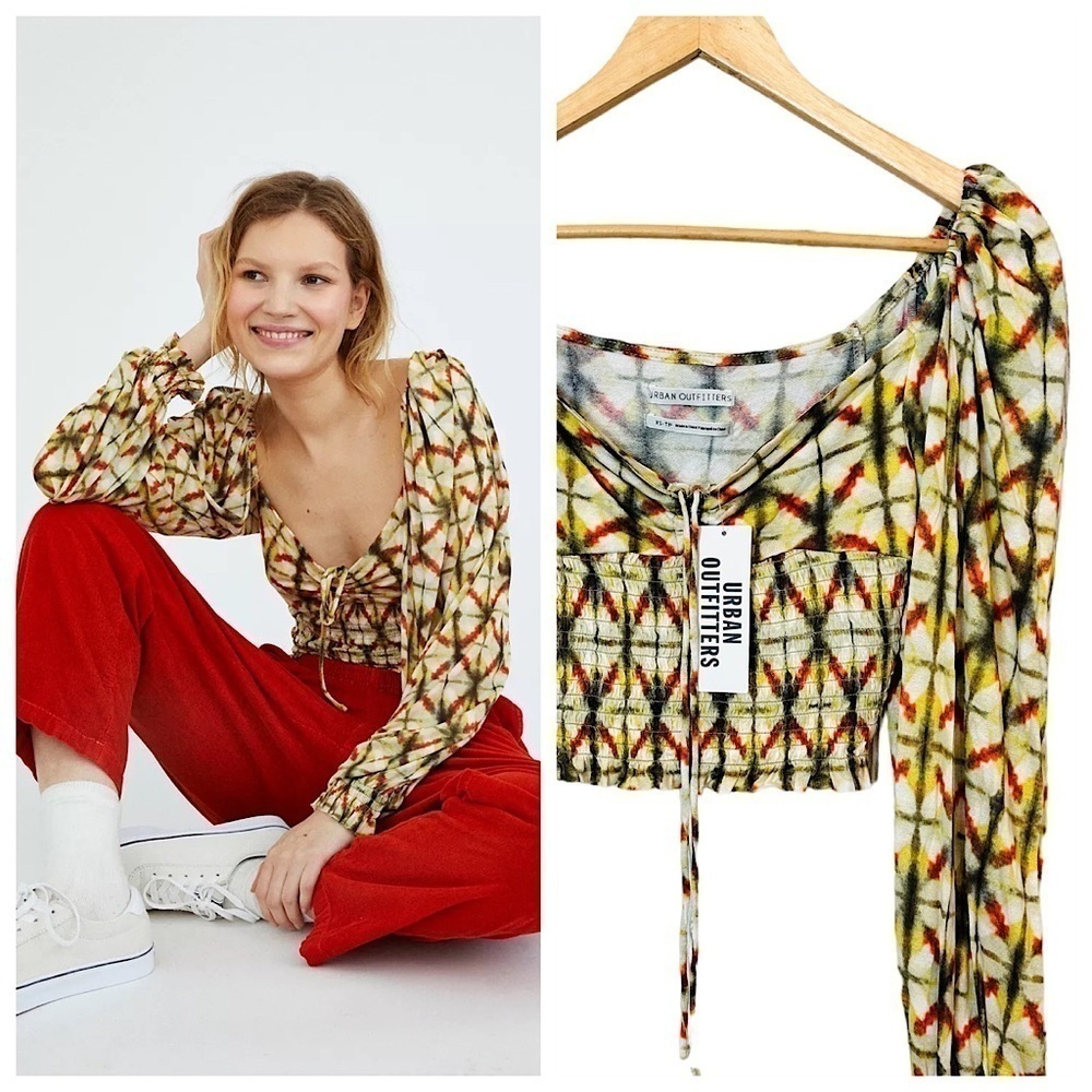 NEW! URBAN OUTFITTERS UO Long Sleeve Crop Top Smocked Geometric Festival Summer